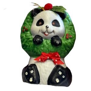 Vintage Christmas Ornament Panda Bear Porcelain Bell Holiday Retro Tree Decor